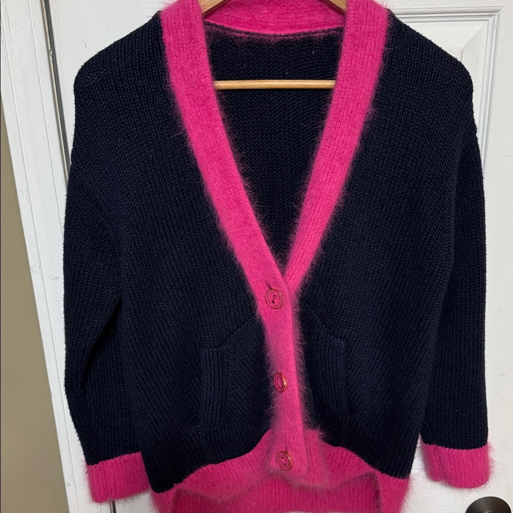 Juicy Couture Navy Blue Cotton Knit Hot Pink Angora Trim Cardigan Size ML